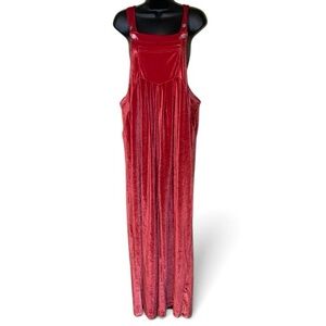 Red Velvet Wide-Leg Chic Boho Bib Jumpsuit Overalls With Silver Buttons Size L